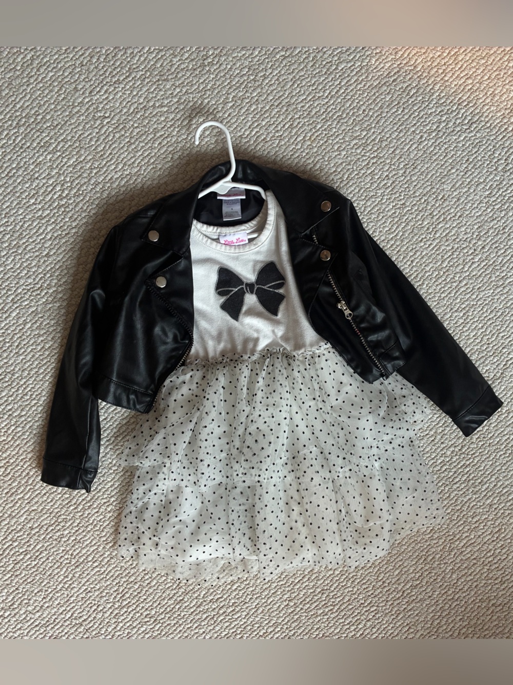 Little Lass Black Faux Leather Jacket with White Top - size 5 girls